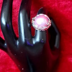 Elegant Pink Mabe Pearl 925 Ring With Diamonds Sz 7 , 14.3mm